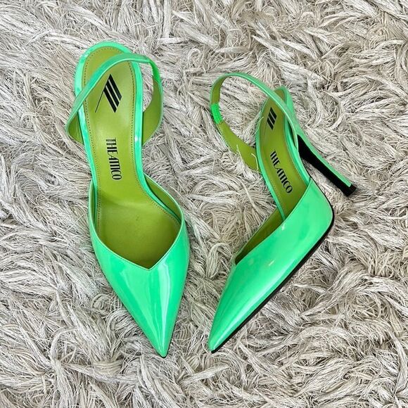 The Attico Lola Patent Leather Pointed Toe Slingback Pumps in Fluo Green Size 38 - Picture 6 of 15